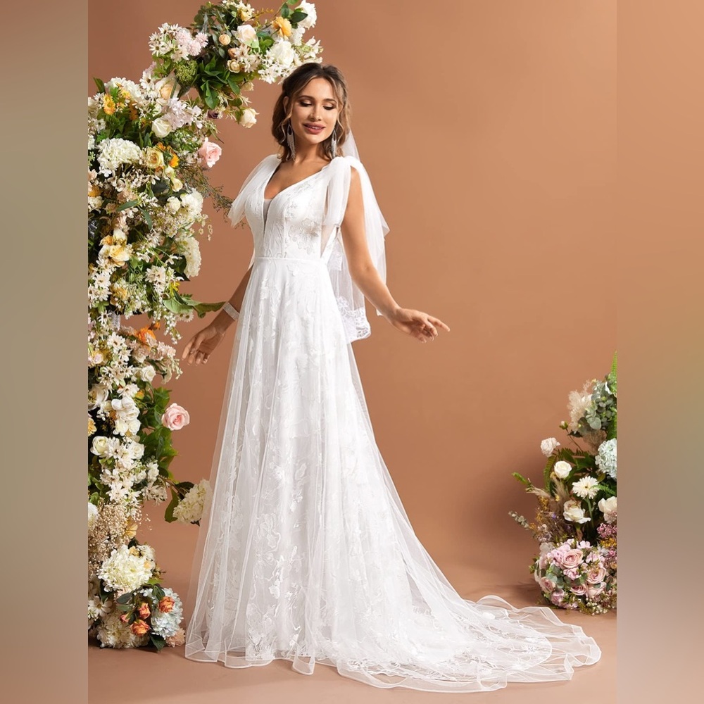 Floral Embroidered Bow Mesh Floor Length Wedding Dress NEW Size XL